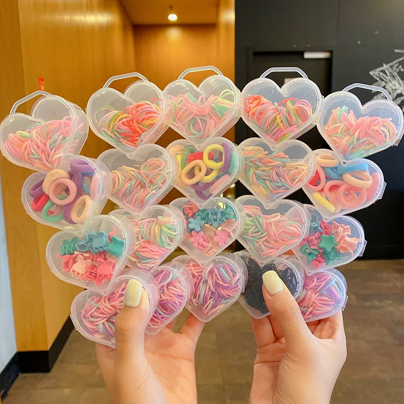 320Pcs/Set Heart-Boxed Girl Color Elastic Hair Band Rubber Band Child Cute Cartoon Star Flower Small Hair Claw Hairpin Headdress