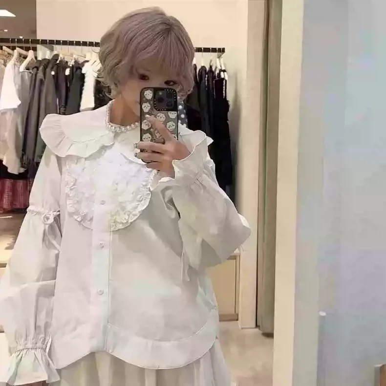 Japanese Commuter Lolita Black Shirt Spring Summer New Doll Collar Petal Ruffle Edge Drawstring Long Sleeve Top Women Shirts
