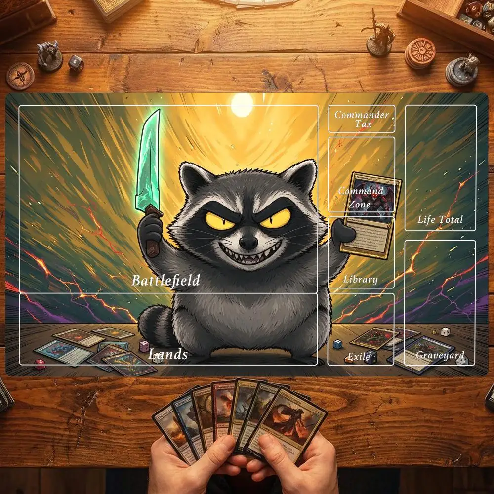 Raccoon Swordsman Card Mouse Pad Card Playmat Stitched with Magic Zones Tabletop for MTG/TCG Card Battle Commander Mat