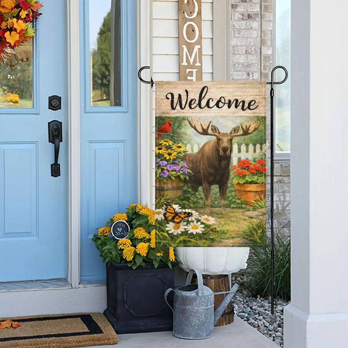 Welcome Garden Flag Moose with Spring Summer Floral and Butterfly Double Sided Outside Yard Decoration Small Yard Flag 12x18 jjp