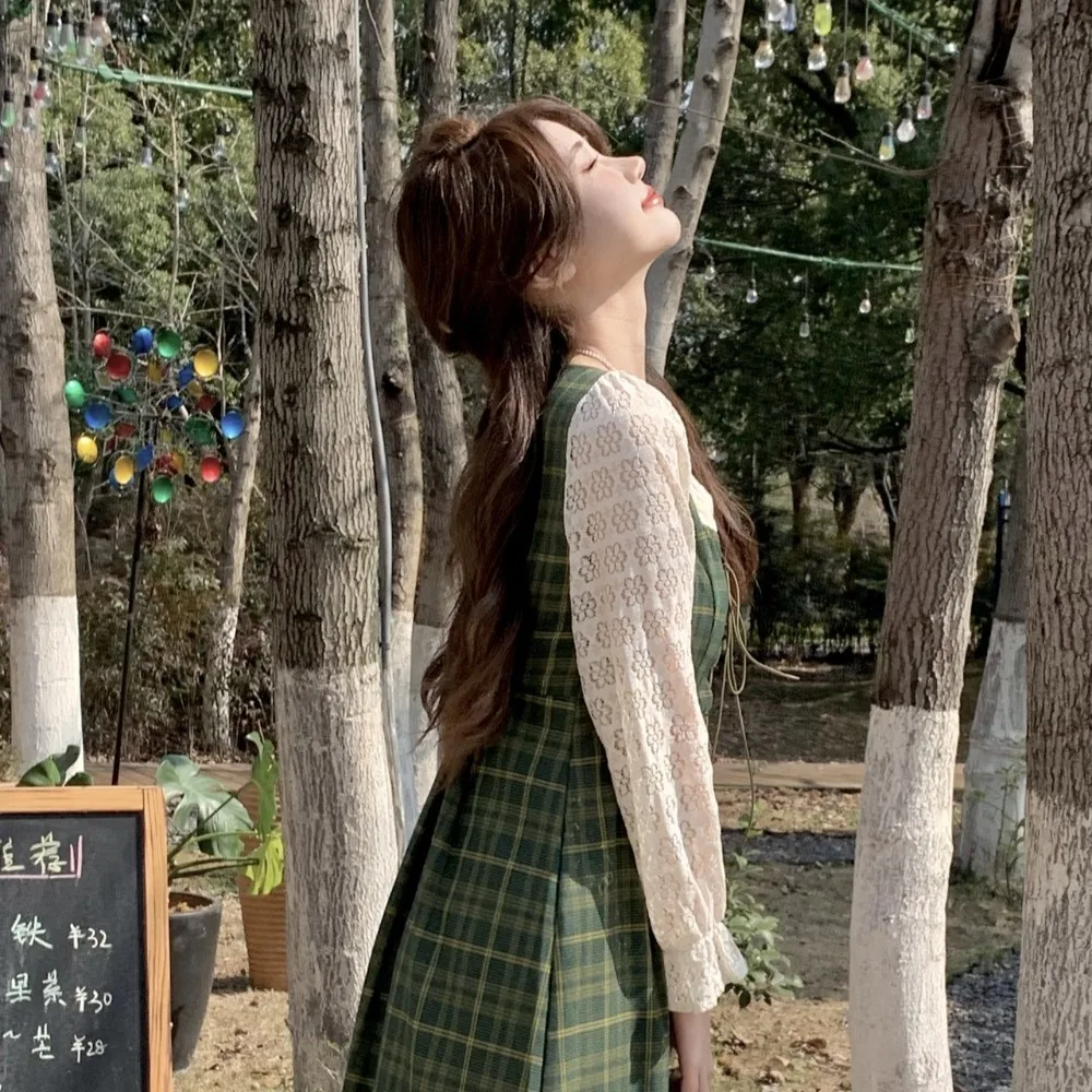 Chic verde falso vestido de duas peças a linha renda flor vestido de manga longa fino ajuste rendas até vestido longo xadrez feminino