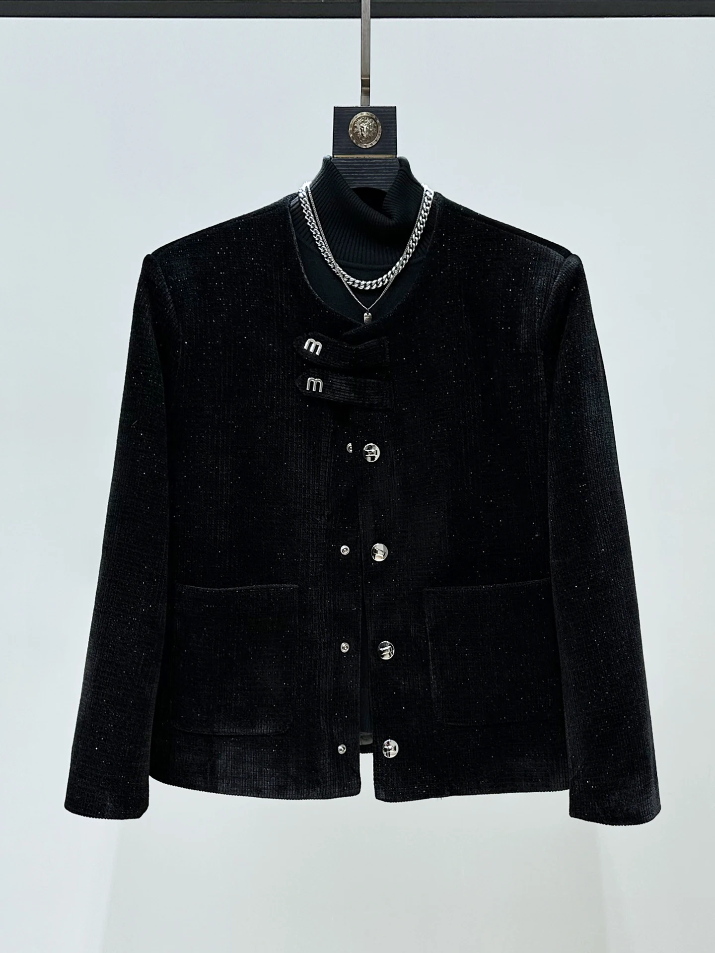 

Ele Bla Velvet Cotton Jaet with Metal Bule Men's Autumn Winter Star Bright Silk Lined Coat Loose Fit Yout...