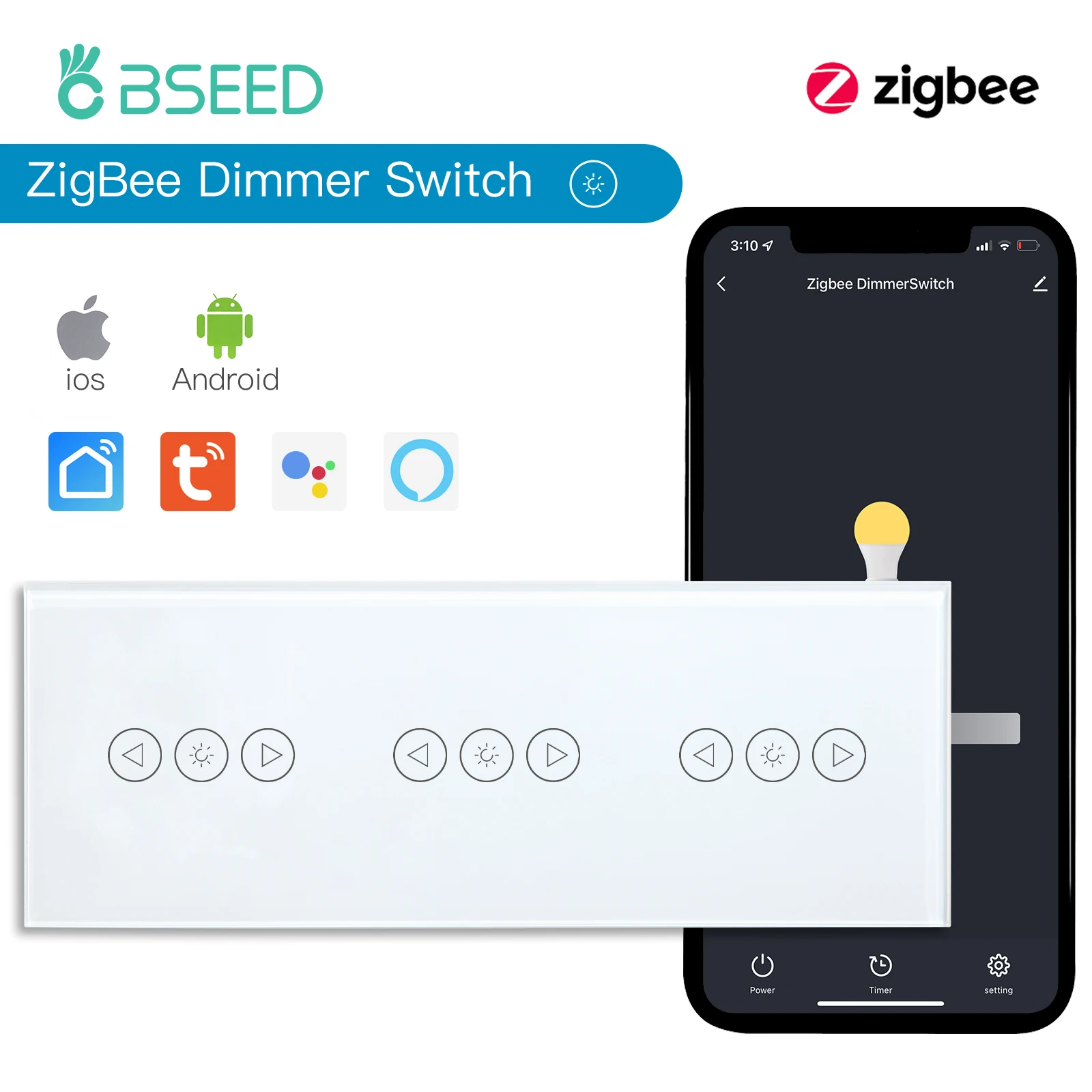 BSEED Zigbee Dimmer Switches Triple Smart Wall Touch Switch LED Dimmable Light Switch Tuya Smart Life Alexa Wireless Control