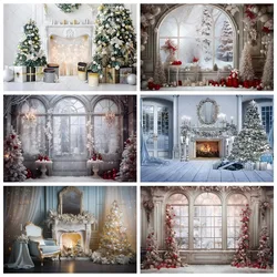 Christmas Photography Background Custom Winter Curtain Fireplace Snow Xmas Tree Family Backdrop Wall Tapestry Party Decor