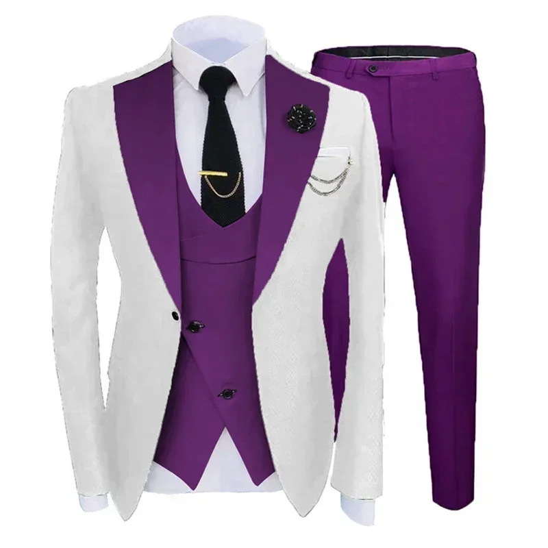 Slim Fit Formal Men Suits For Wedding Solid Color Wide Notched Lapel Groom Tuxedo 3 Pcs Male Fashion Jacket With Vest Pants 2024