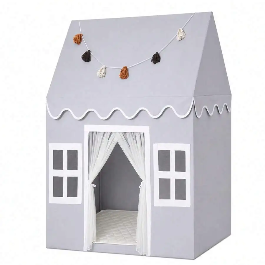 Kids Playhouse Gray Castle Play Tent With Mesh Curtain & Double Windows, Peachskin Velvet Indoor Pretend Playhouse For Kids, 38.