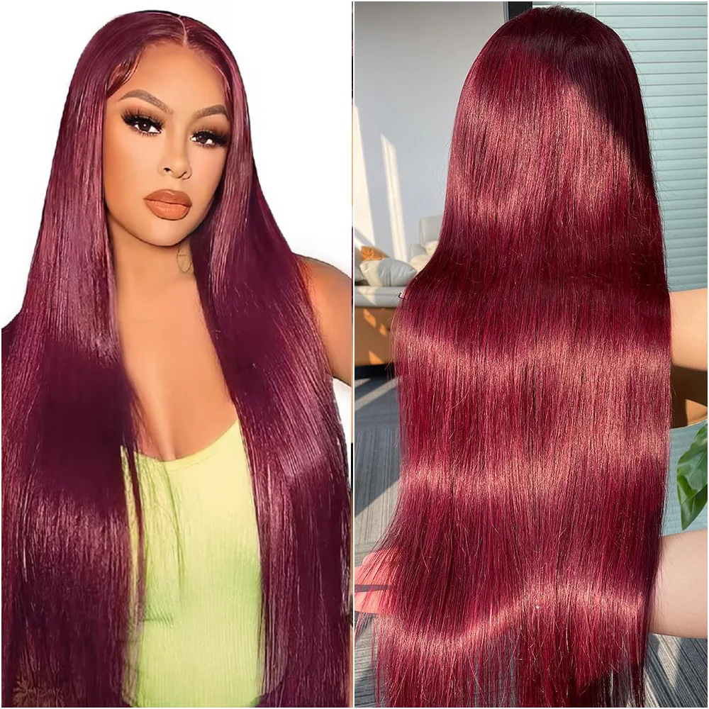 

99J Colored 100% Human Hair Wigs 200% Density Straight Wigs HD Transparent Lace Wigs Can Be Curlde and Bleached Wigs For Women