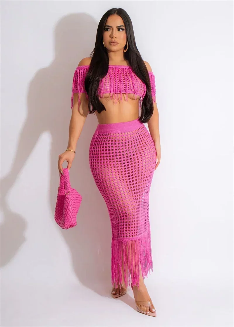 

KEXU Sexy Knit Crochet Hollow Out Beach Cover 2 Piece Dress Sets Summer Women Vacation Tassel Fringed Crop Top+Long Skirt Sets