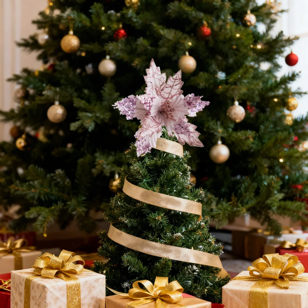 2 Stück künstliche Weihnachtsblumen, glitzernde und mit Pailletten verzierte Weihnachtssterne aus Stoff, künstliche Weihnachtsblumen zum Selbermachen – Detail 6