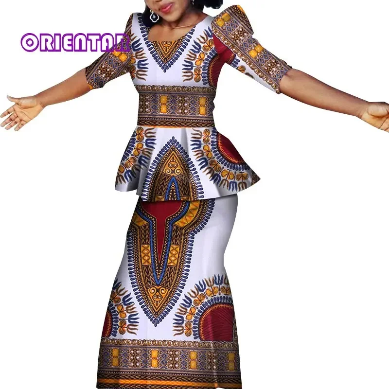 

2 Pieces Set African Clothes for Women Classic African Printed Tops and Long Skirts Bazin Riche Skirt Women Suits Set WY4552