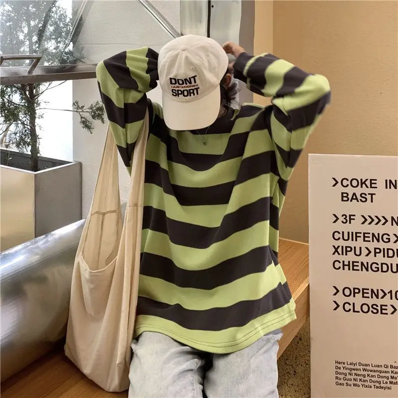 Striped O-neck Sweatshirts Women Baggy Panelled Fashion Harajuku Japanese Stylish High Street Students Y2K Clothes Sudaderas Ins