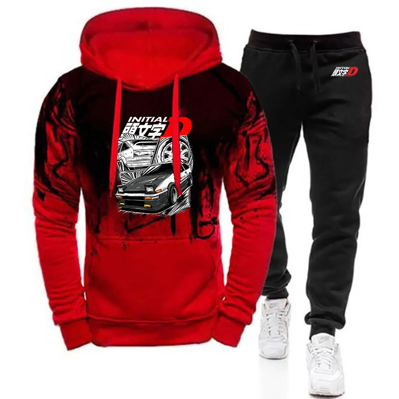 Initial D JDM Car Illustration Logo Print Gradient Color Men's Sweatshirts Casual Fashion Loose Pullover Hoodies Pants Suits