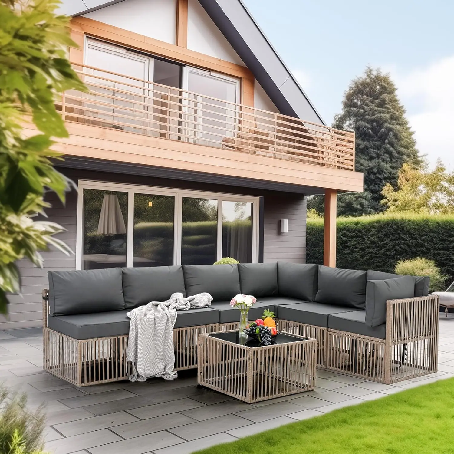 Pamapic 7-teiliges Outdoor-Sektionsset, Allwetter-Terrassen-Gesprächsset aus PE-Rattan, verstellbares Terrassenmöbel-Set aus Korbgeflecht mit