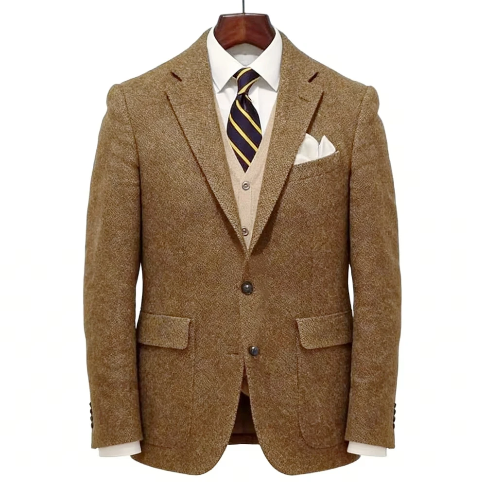 

(Only Coat)Brown Herringbone Blazer Men's Suit Prom Tuxedos Wool Tweed Single Breasted Two Buttons Bussiness/Wedding Warm Jacket
