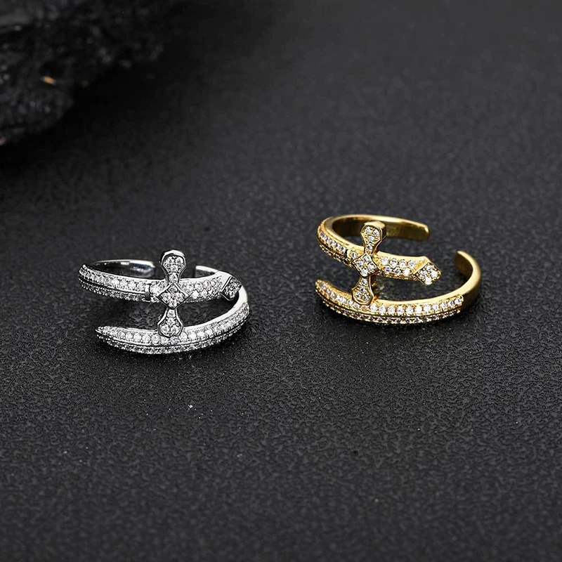 Hip Hop 3A+ CZ Stone Paved Bling Iced Out Cross Holy Sword Finger Rings Adjustable Open Size Ring for Men Rapper Jewelry