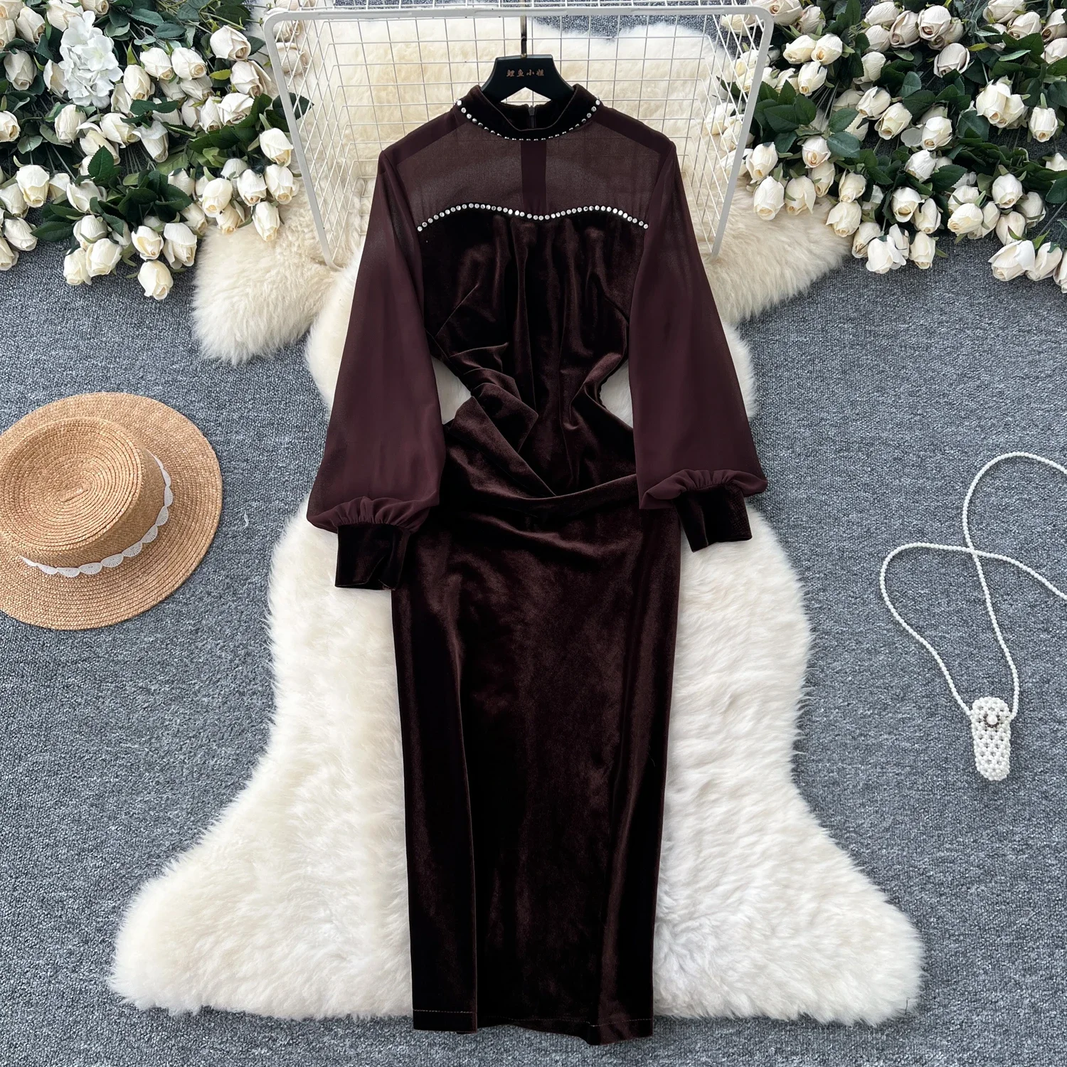 Elegant Stand Collar Vintage Rhinestone Chic Split Slim Mesh Spliced Velvet Dresses French Evening High Street Autumn Clothing