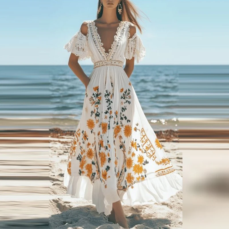 

Elegant Hollow Sleeved Swing Long Dress New Women Casual Loose Floral Print Bohemian Dress 2025 High Waist V-Neck Party Dress