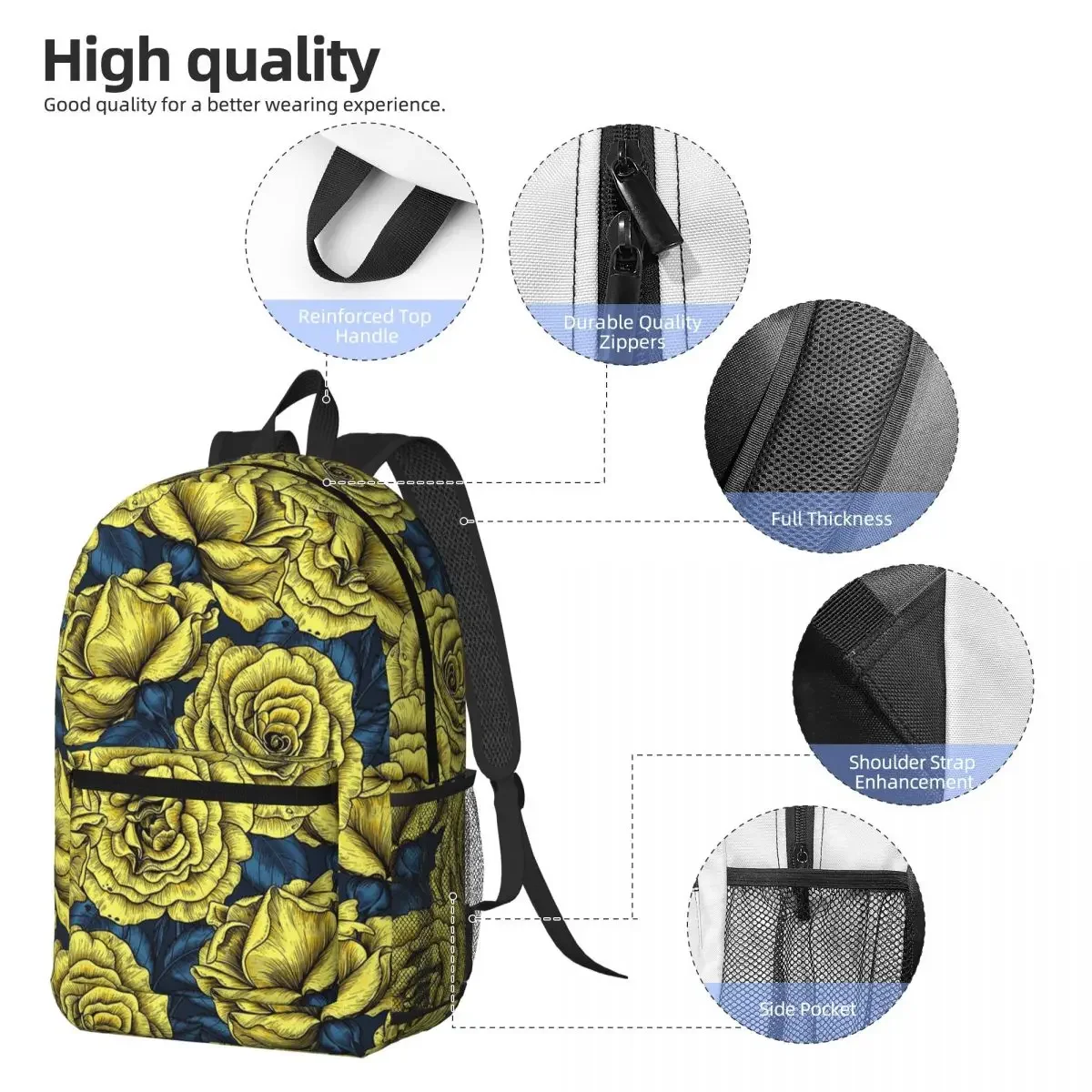 Elegant Yellow Roses On Blue Texture Backpack Student BookBag Children School Bag Laptop Shoulder Bags for Men Women