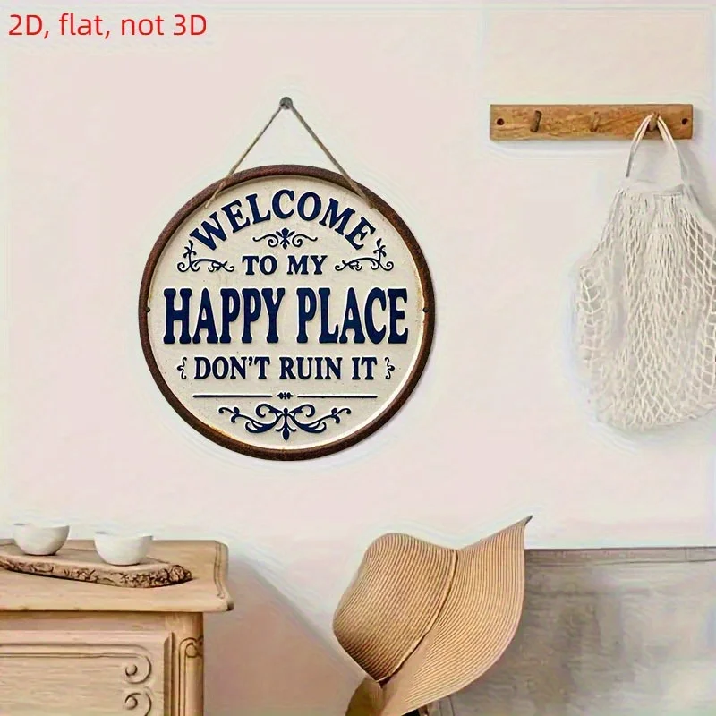 "مرحبًا بكم في مكان سعيد، لا تدميره." لافتة دائرية من مادة PVC - ديكور على الطراز الريفي، حروف زرقاء وتصميم التمرير #5