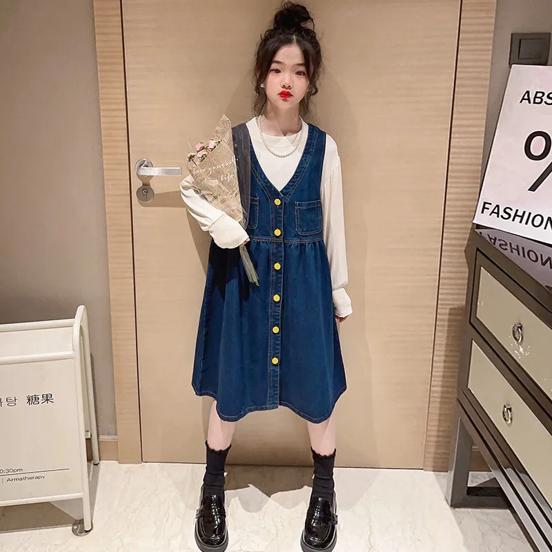 

Girl Dress Suit 2023 New Spring Autumn Korean Fashion Style Sets Girl Solid Backing Shirt Sleeveless Denim Dress Two Piece Suit