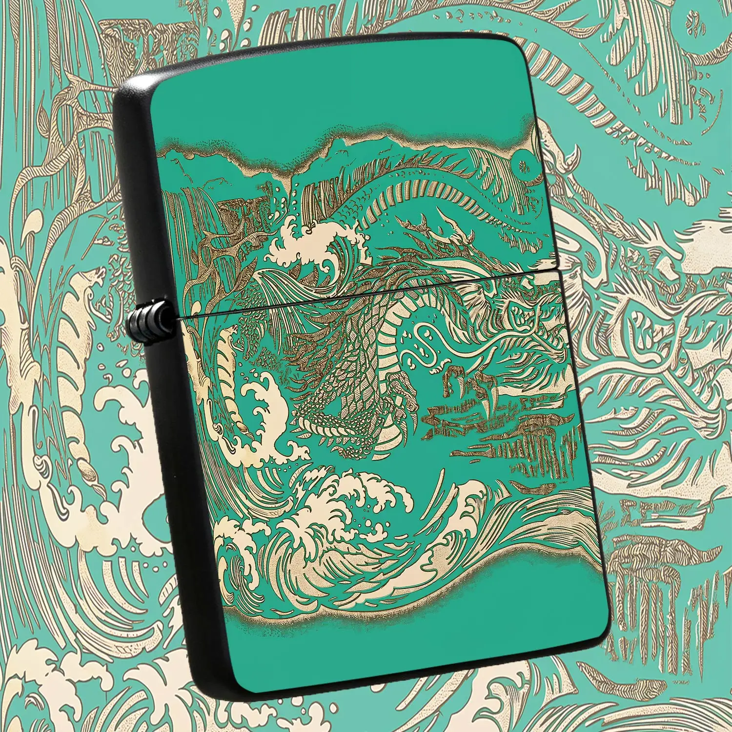 Vintage Teal Gold Dragon Wave Engraved Lighter, Traditional Eastern Style Aesthetic Art Craft, Portable All-Scene Usable Exquisite Igniter, Ideal For Daily Use Gathering Gifting, Stylish Durable Practical Accessory For A Humorous And Intere