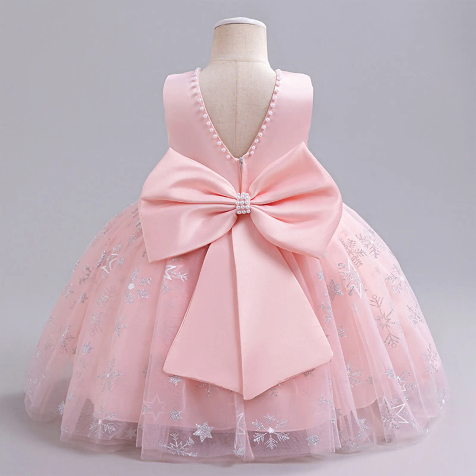 Vestido de princesa sem mangas com bowknot e pérolas para meninas, vestidos de tule para concurso formal, casamento e aniversário, florista, crianças e bebês