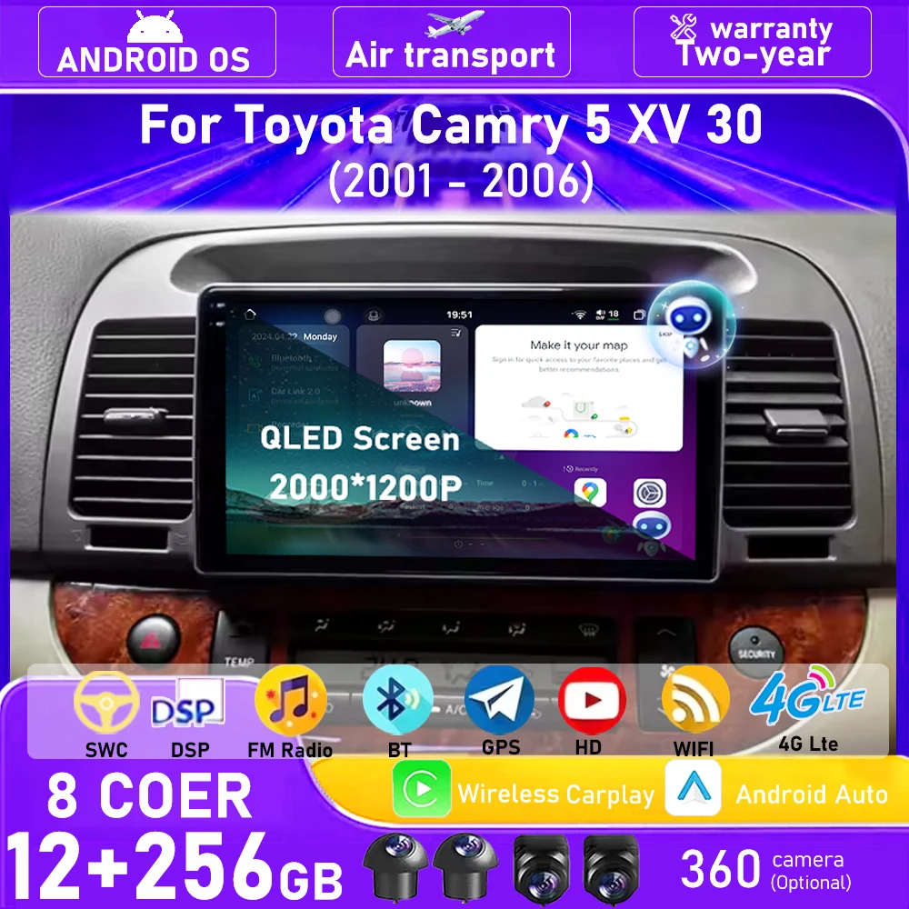 Android 16 Auto For Toyota Camry 5 XV 30 2001 - 2006 Car Radio Multimedia Player GPS Navigation Carplay Bluetooth Head Unit WIFI