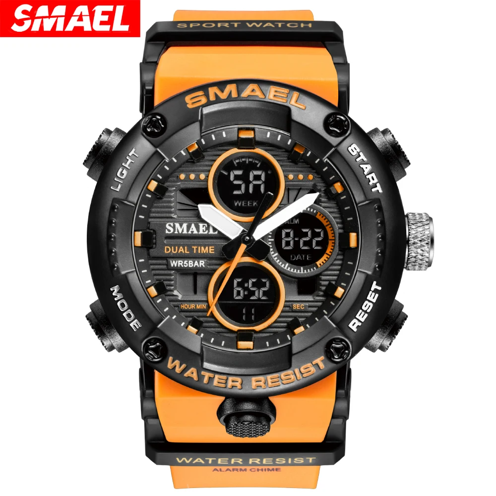 SMAEL Sport Watch for Male Quartz LED Digital Stopwatch Big Dial Clock Waterproof Dual Time Display Wristwatch