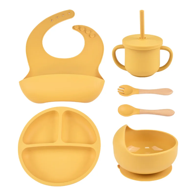 Children's Tableware Baby Stuff 6PCS Baby Feeding Set Waterproof Bib Kids Sucker Dinner Plate Antislip Bowl/Fork/Spoon/Straw cup