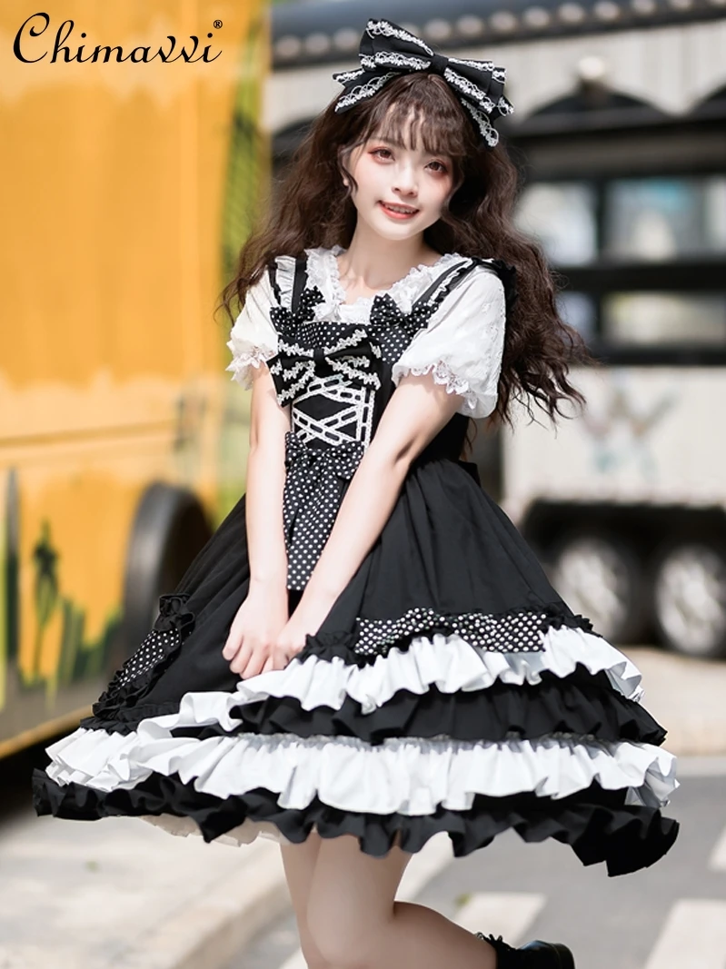 Lolita Style Sweet Bow Decoration Cute JSK Dress for Women Summer New Daily High Waist Girl Ladies Black Camisole Lo Dress