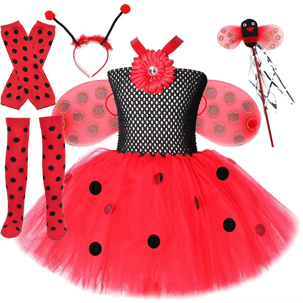 Spots Lady Beetle Fairy Costumes for Girls Halloween Carnival Fancy Tutu Dress with Wings Set Kids Insect Bug Birthday Outfits