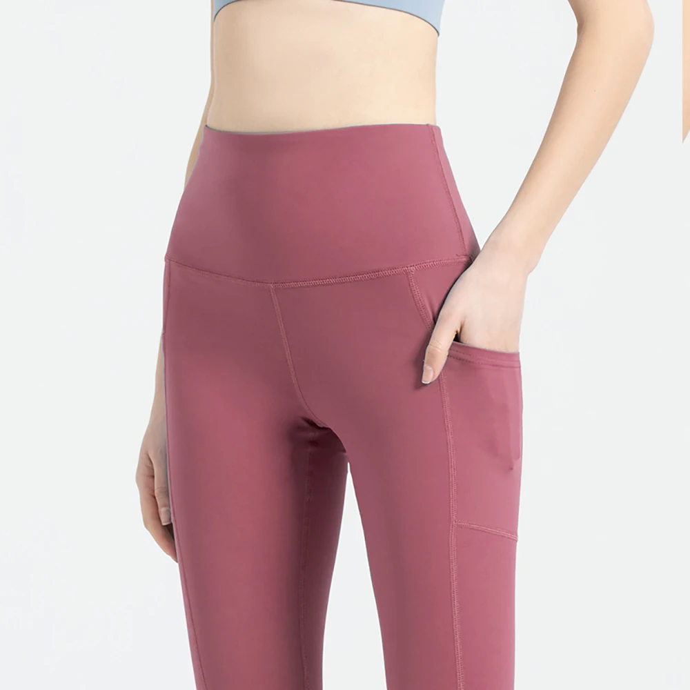 OHYOGA Women Fitness Gym Leggings Yoga Pants Solid Color Sports Clothes Stretchy High Waist Push UP Heart Shape Line Mesh Pocket