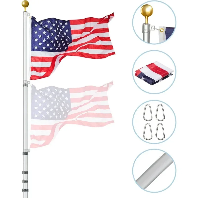 Flag Pole Kit, Heavy Duty Aluminum Telescopic Flagpole for Outside in Ground with American Flag and Ornament Ball for Yard