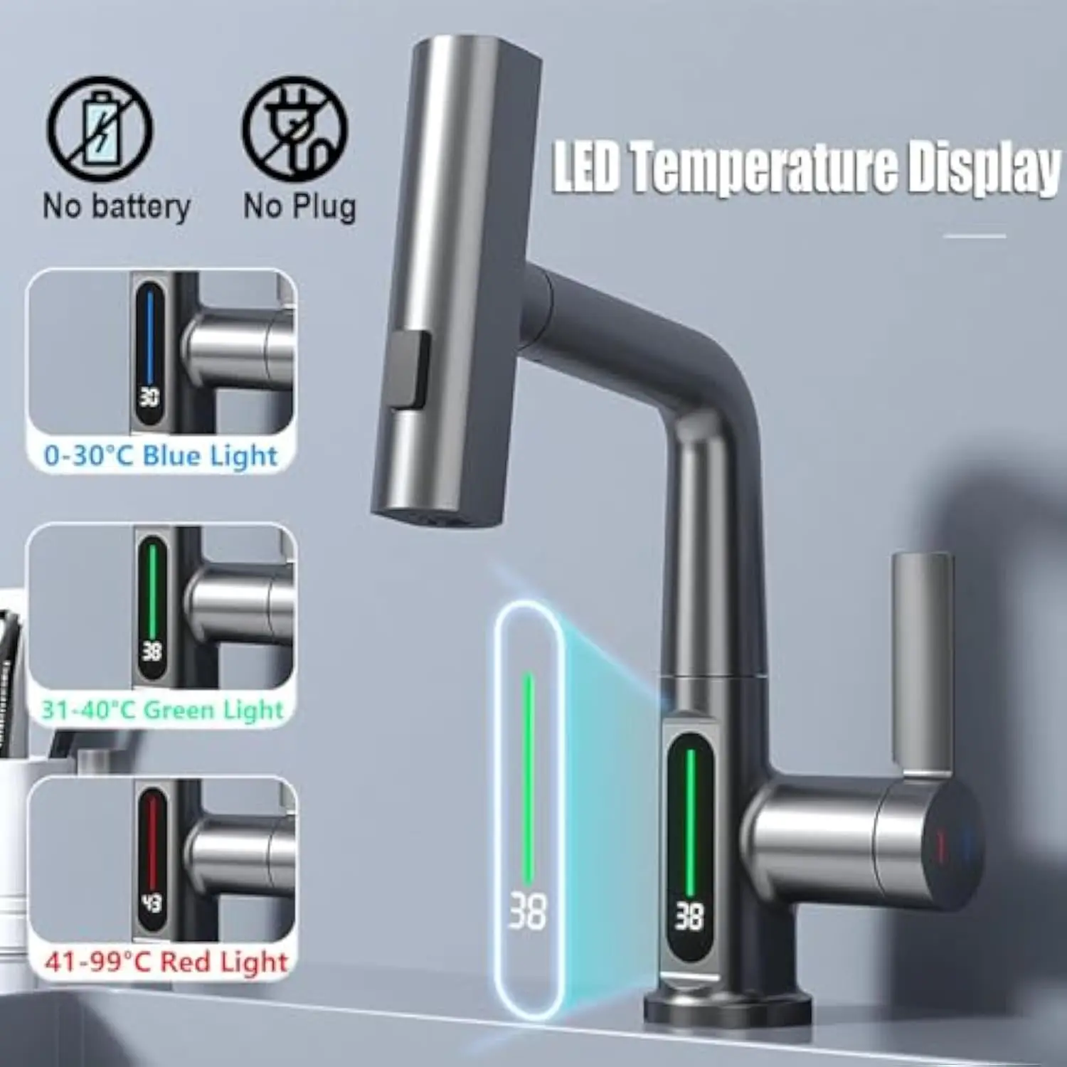 Synchro Modern Bathroom Sink Faucet with LED Temperature Display, 360° Rotation, Waterfall Spout & Pull-Out Sprayer (Hot/Cold)