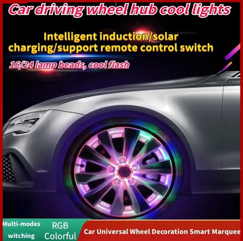 4pcs RGB Car Hub Lights Remote Control Waterproof Solar Smart Sensing Flash Wheel Tire Rim Lights For Car Decoration Colorful