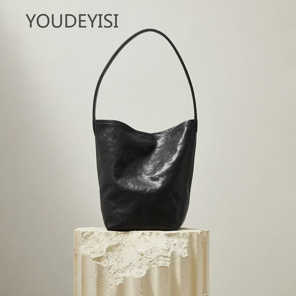 

First Layer Crystal Vegetable Tanned Cowhide Bucket Bag Retro Simple Handbag Lazy Wind Large Capacity Shoulder Women's Bag