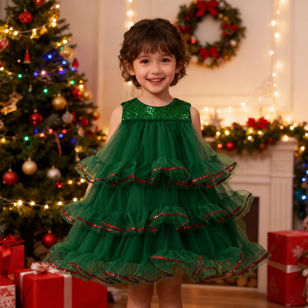 Santa Tree Design Girl Princess Dress Christmas Costume Gown Girls Party Dress Layered Green Birthday Dress Kids New Year Gifts