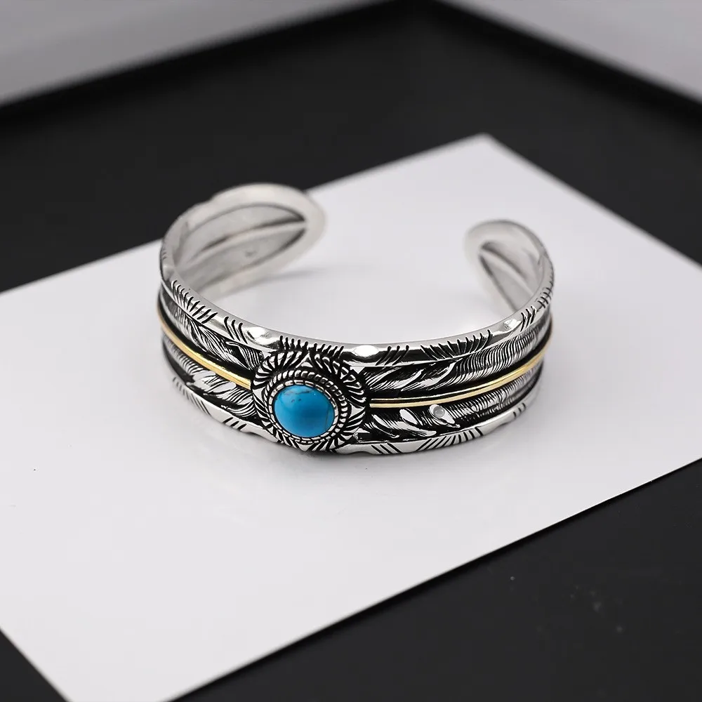 Takahashi Goro's Goro Japanese-Style Feather-Inspired Gold Thread Blue Turquoise Open Bangle Unique Minimalist Bracelet