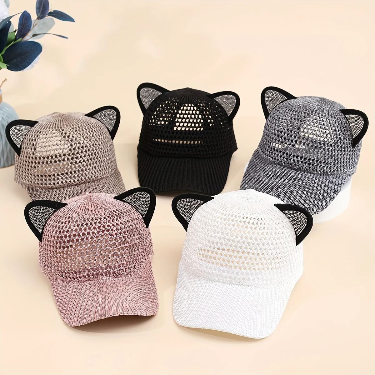 

Womens Girls Cat Ear Baseball Cap Breathable Mesh Closure Lightweight Snapback Summer Hat for Casual Sports