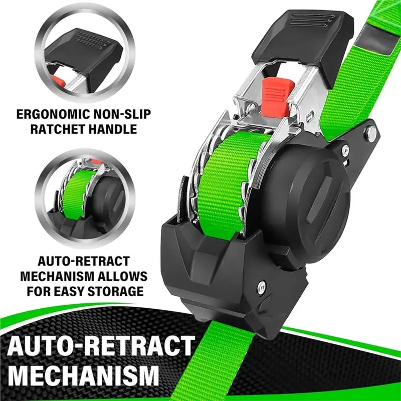 NEW-Easy Retraction Retractable Ratchet Straps 2Packs Self-Retracting Straps Securing Cargo 10Ft For Motorcycle, Truck