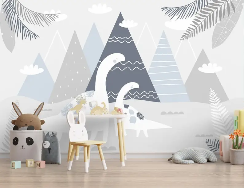 Mountain and Cute Dinosaurs Wall Decor, Boys Child Room Wallpaper, Dinosaurs Wallpaper, Mountains Customizable Wall Mural, Kids