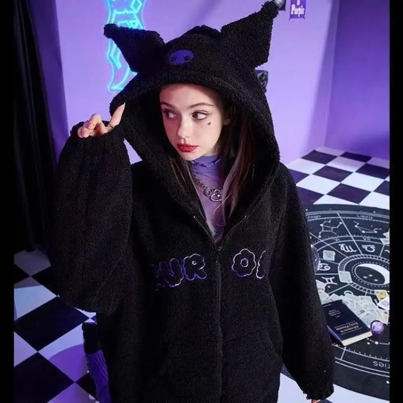 Y2K Sanrioed Cartoon Kuromi Hoodies Women Black Embroidery Clothes Anime Kawaii Spring Winter Thickened Coat Tops Casual Loose