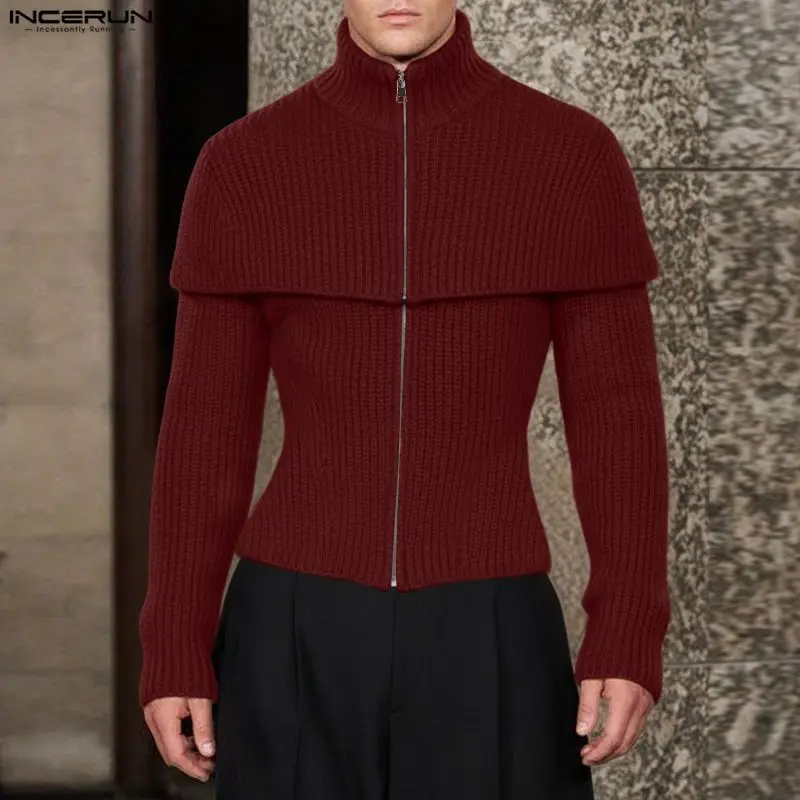 

INCERUN Men Cardigan Solid Knitted Turtleneck Long Sleeve Sweater Men Streetwear Zipper Cloak Sweaters Fashion Men Clothing 2025