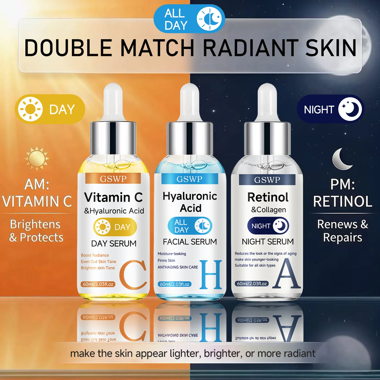 Conjunto de sérum diurno e noturno GSWP, séruns de vitamina C + retinol + ácido hialurônico, hidrata profundamente, firma e ilumina o rosto. 2/3 unida