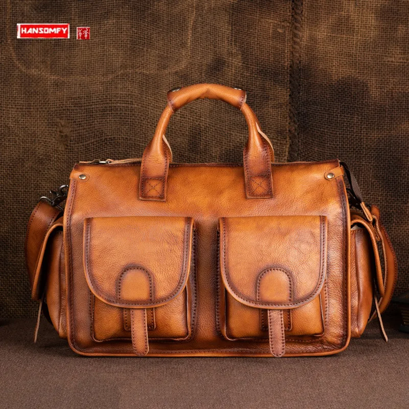 Bolsos de cuero genuino Retro portátiles para hombres, bolsos de viaje de cuero Real, gran capacidad, bolso de gimnasio de ocio, bolso de mensajero de hombro