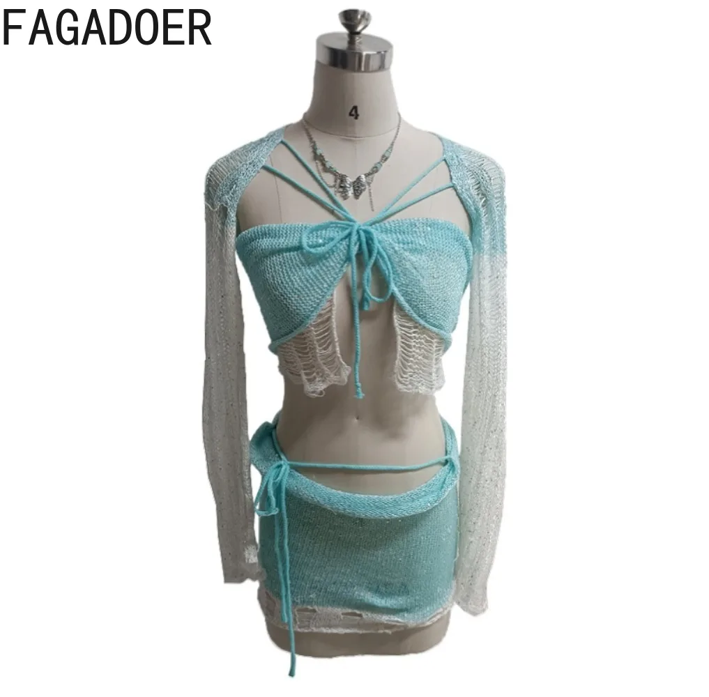 FAGADOER Sexy Sequins Hollow 3 Piece Sets Outfit Women Lace Up Crop Tops And Mini Skirts Suits Female Nightclub Party Clothing