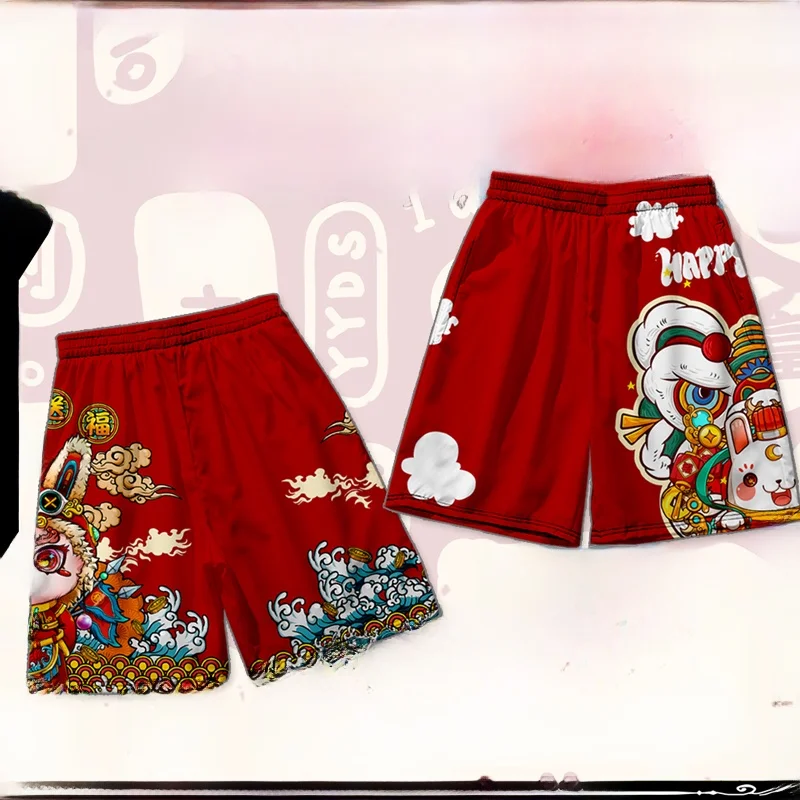 

Свободные летние шорты-бриджи унисекс с высокой талией, модные пляжные, с мультяшным аниме-принтом на тему Года Кролика, повседневные