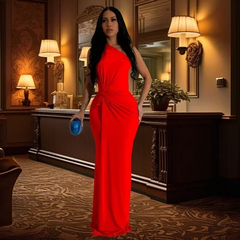 GUWU Een Schouder Party Lange Jurken voor Vrouwen Avond Celebrity Verjaardag Mouwloos Gedrapeerde Prom Formele Zeemeermin Maxi Jurk