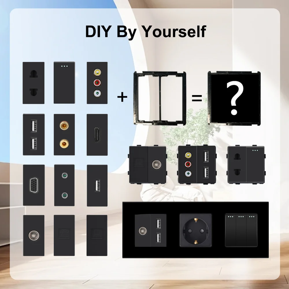 TAWOIA Black DIY Wall Plate Module 1 Gang Switch with TV Satellite USB CAT6 RJ45 HDMI VGA 3.5mm Earphone 2Pin Socket