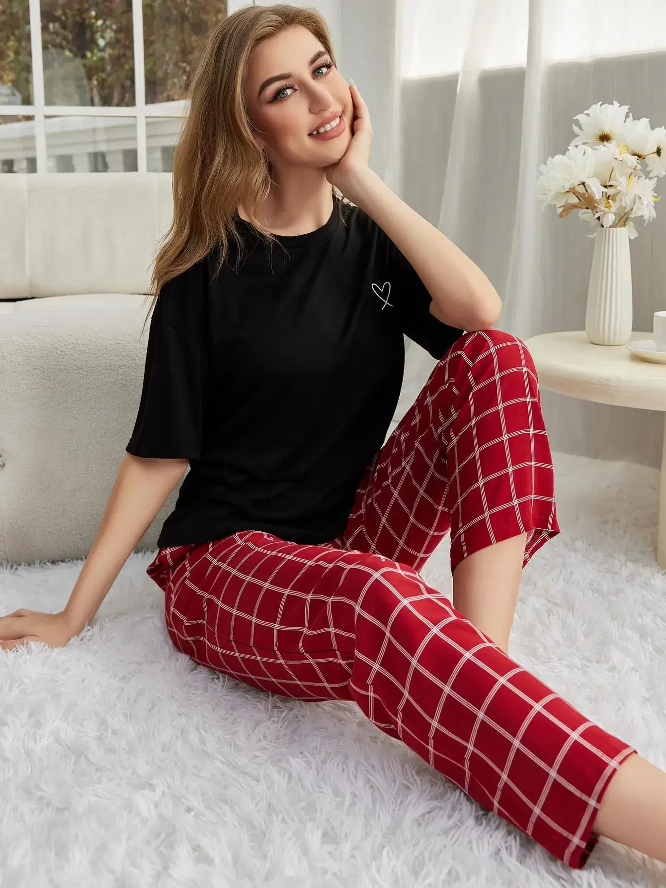 Heart Print Women Pajama Sets Short Sleeves Top & Full-Length Plaid Pants Female 2 Pieces Sleepwear Atumn Spring Fall Homwear